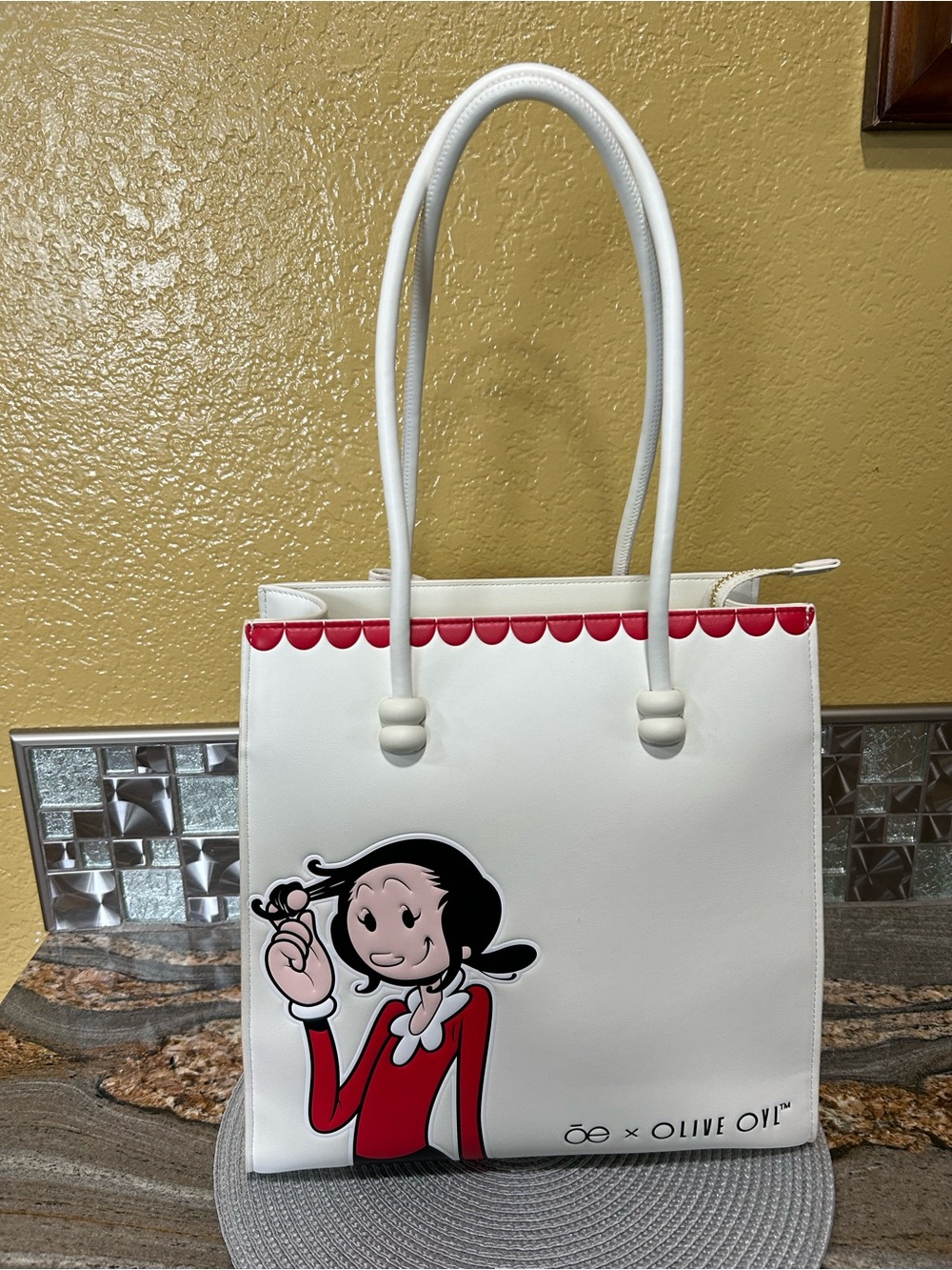 Olive Oil White Tote Bag with Red Cartoon Accent
